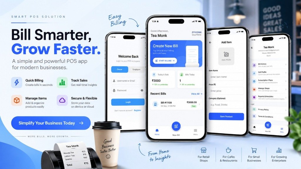 Zyvionix Smart POS Mobile Billing Software UI showcase